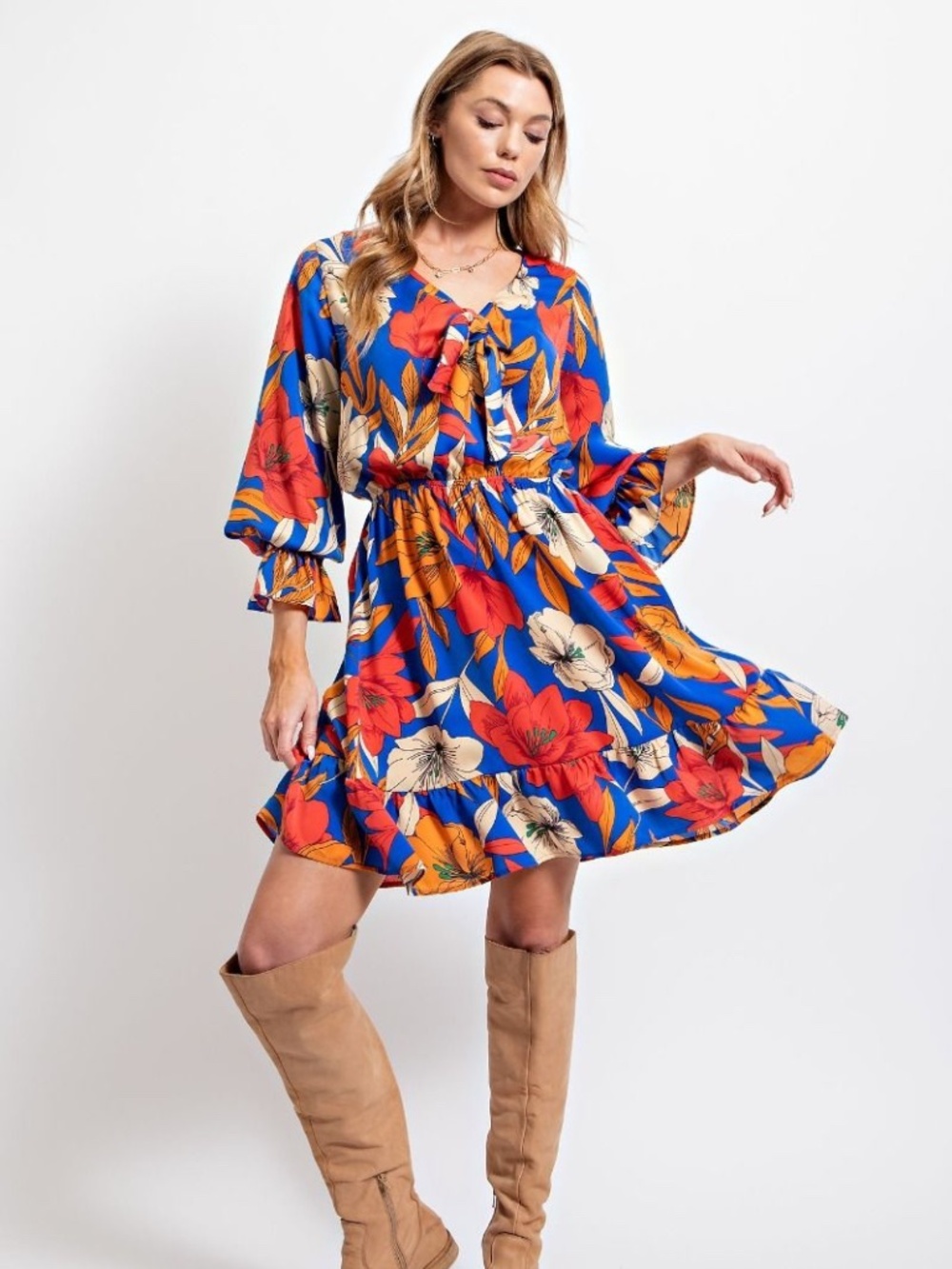 Easel Mirabelle Floral Boho Dress NWT Tie Neck Smocked Waist 3/4 Sleeve Dress